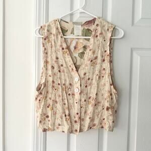 Melrose Vintage 90s Beige Pink Floral Design Rayon Iridescent Button Up Vest 10